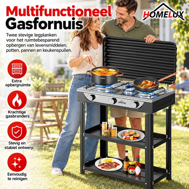 HOMELUX 3-Pits Gasfornuis met Onderstel