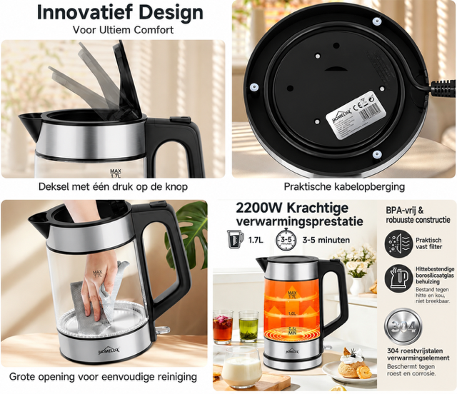 HOMELUX Glazen Waterkoker – 1,7 Liter | 2200W