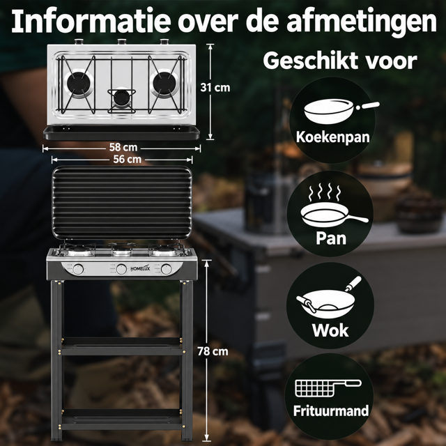 HOMELUX 3-Pits Gasfornuis met Onderstel