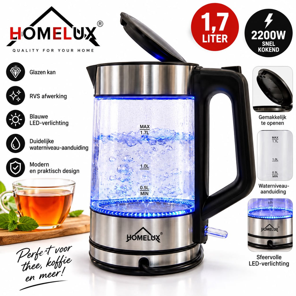 HOMELUX Glazen Waterkoker – 1,7 Liter | 2200W