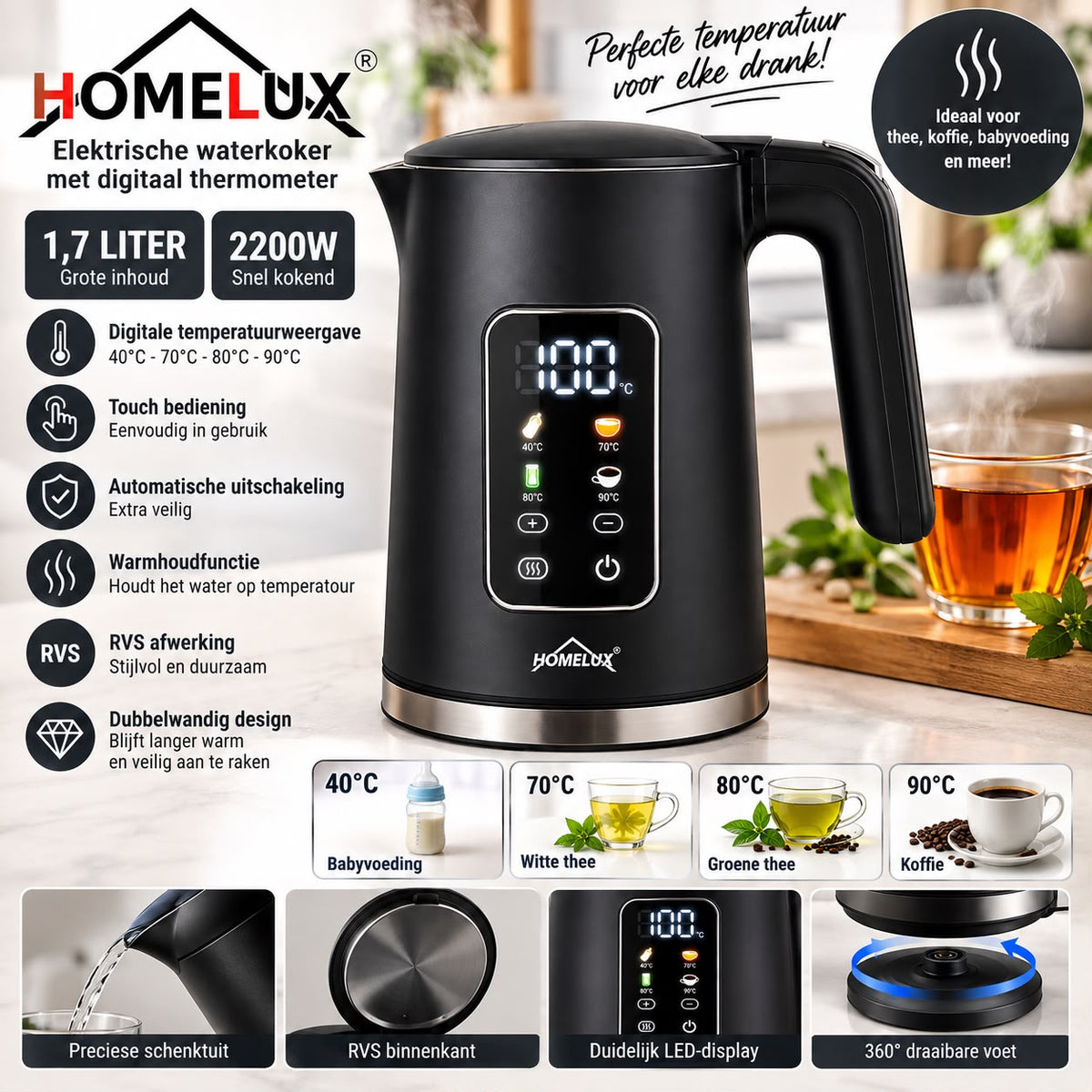 HOMELUX Elektrische Waterkoker 1,7L – 2200W met Digitale Temperatuurregeling