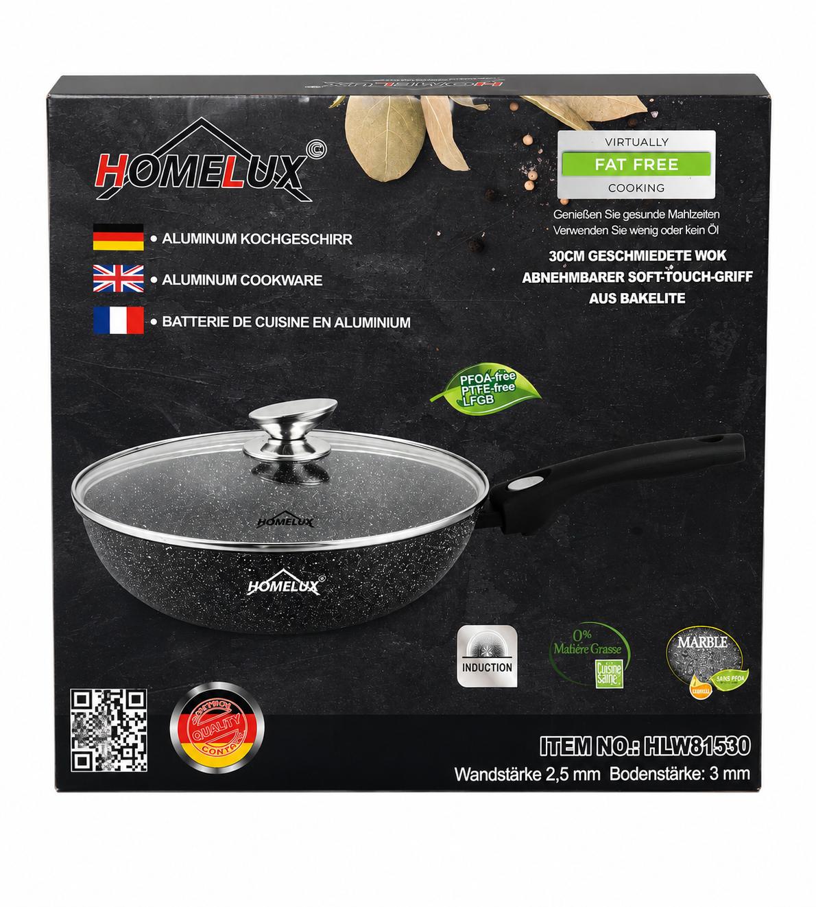 HOMELUX Wokpan 30 cm met glazen deksel +gratis messenset