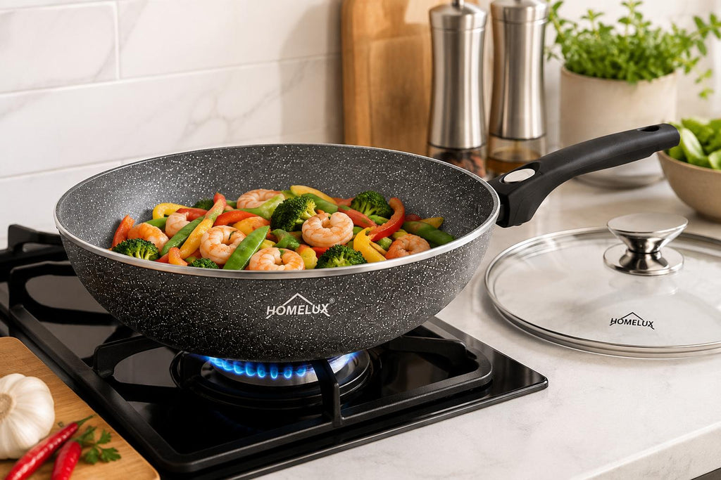 HOMELUX Wokpan 30 cm met glazen deksel +gratis messenset