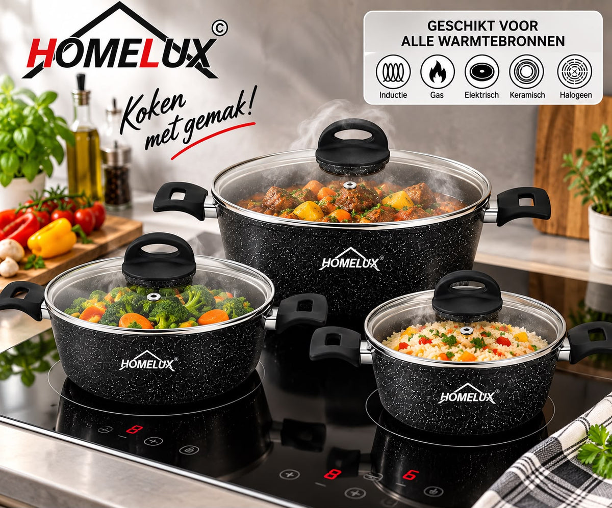 HOMELUX 6-delige pannenset – 3 pannen + glazen deksels +gratis messenset