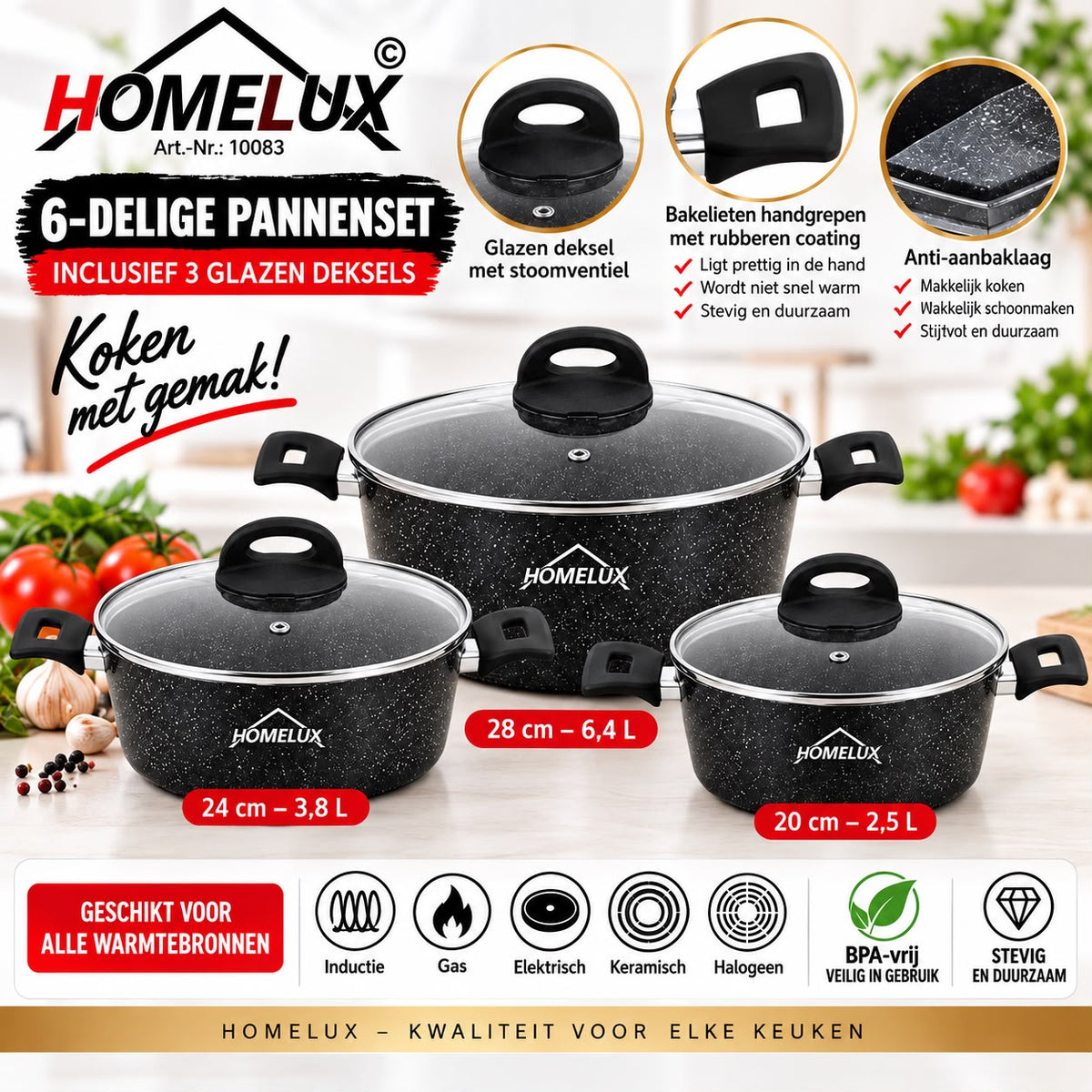HOMELUX 6-delige pannenset – 3 pannen + glazen deksels +gratis messenset