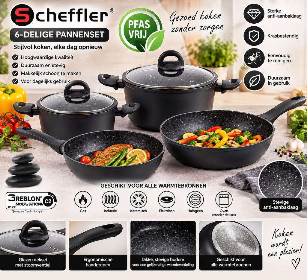 Scheffler 6-delige pannenset – PFAS-vrij +gratis messenset