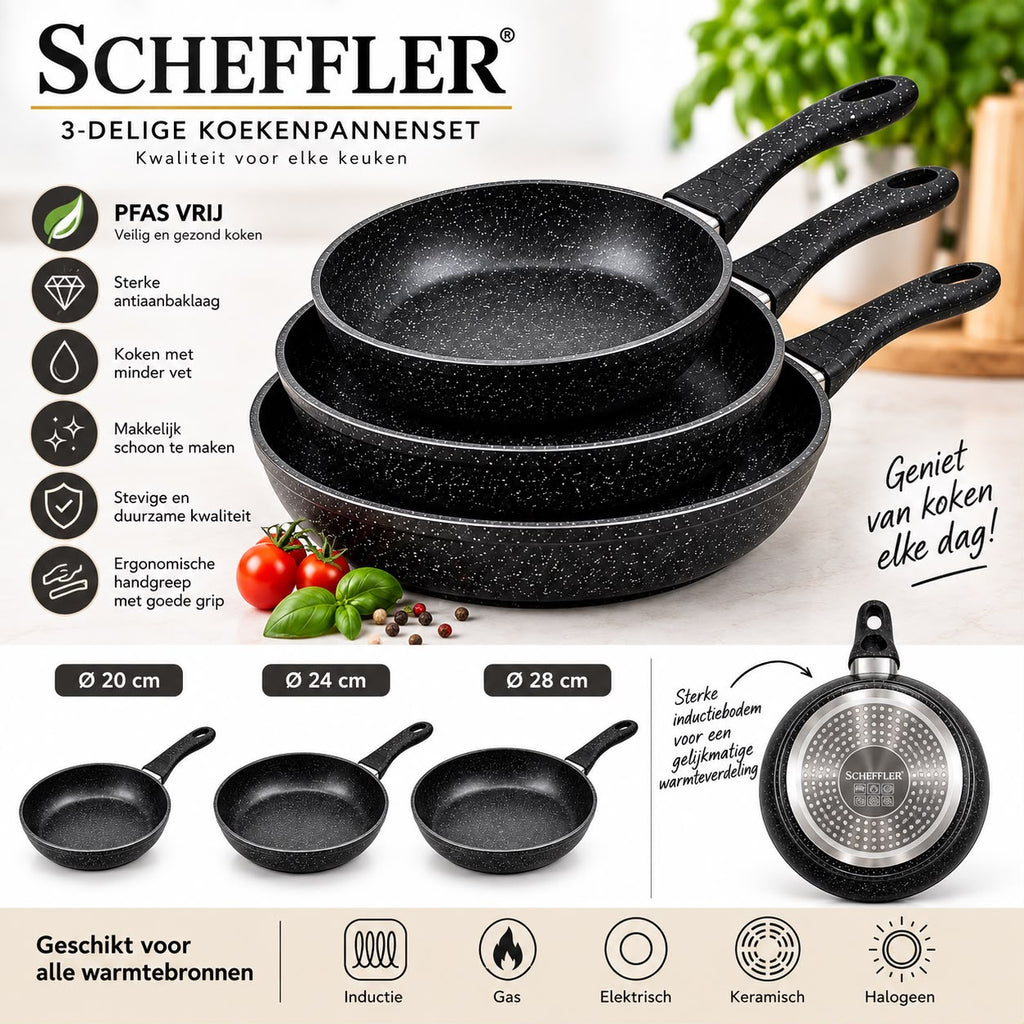 Scheffler 3-delige koekenpannenset – PFAS-vrij- Zwart
