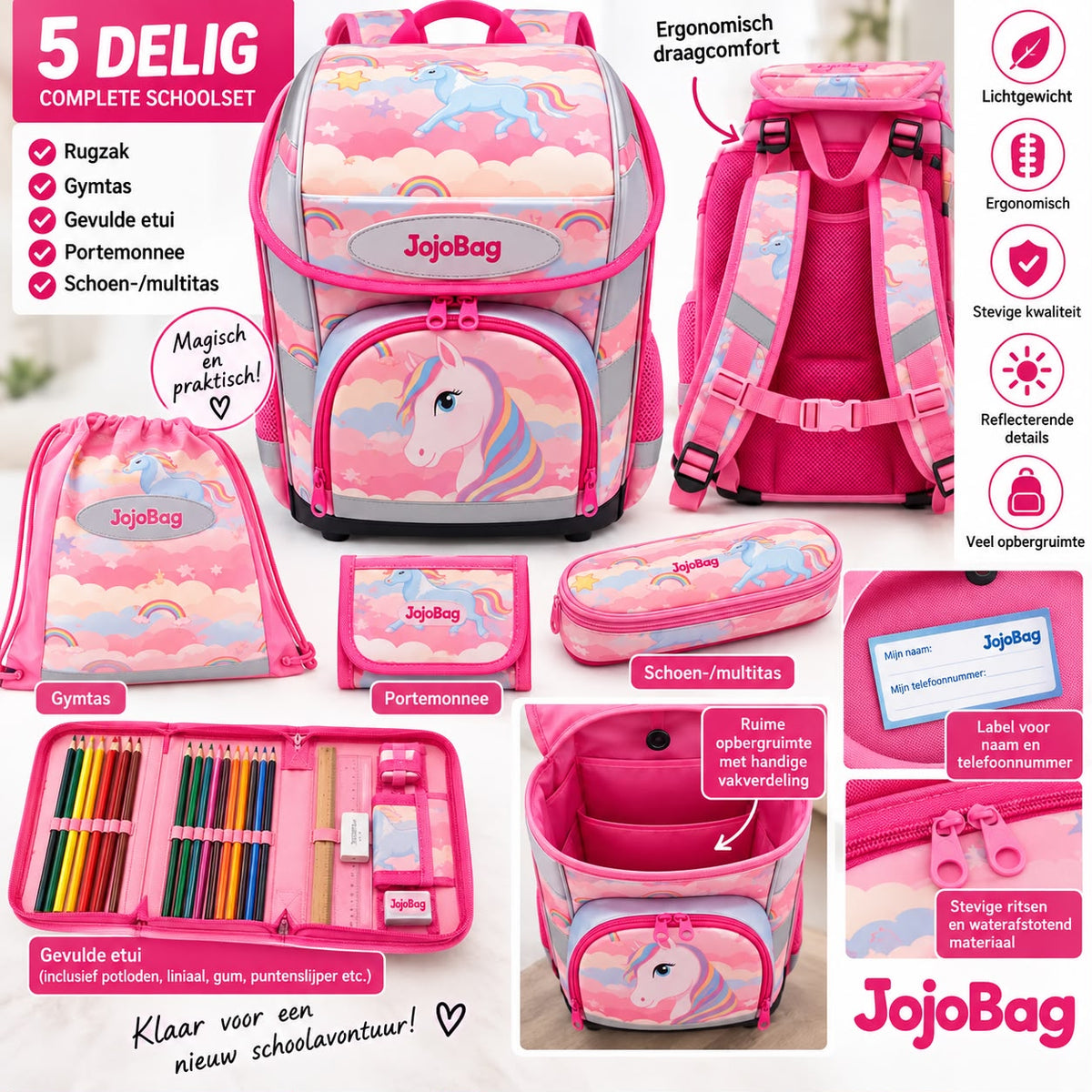 JojoBag 5-delige schoolrugzak – Eenhoorn