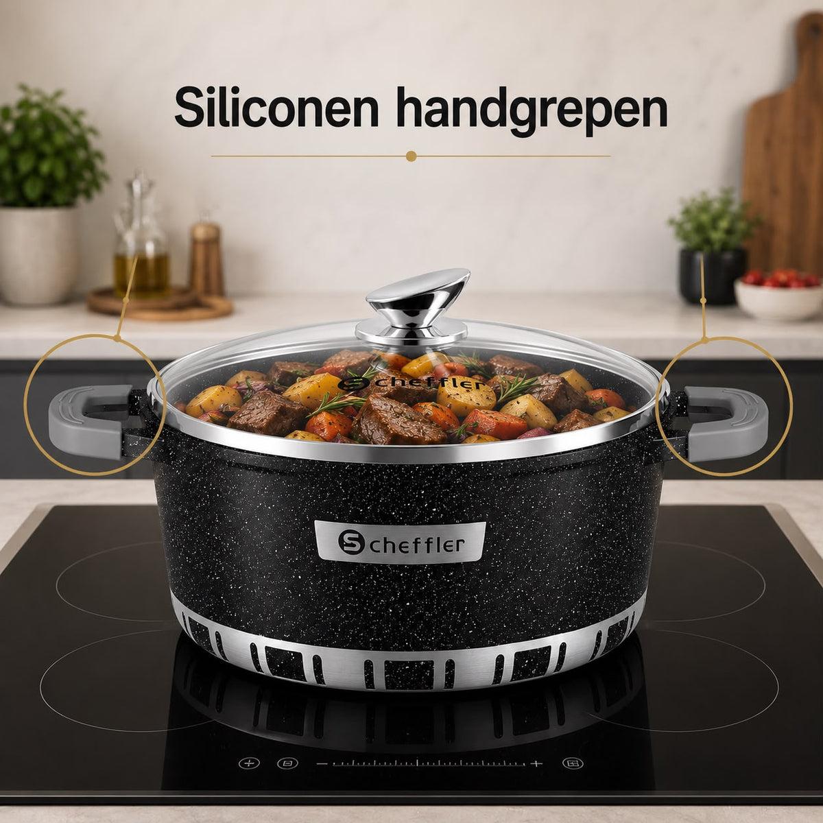 Scheffler 6 delig braadpannenset met glazen deksel  7 l , 11l ,15,5 l  + gratis messenset