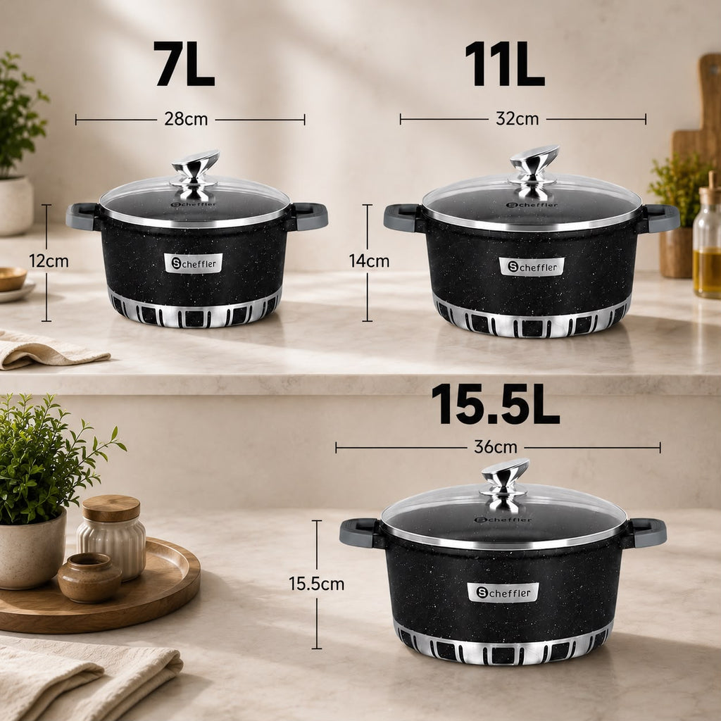 Scheffler 6 delig braadpannenset met glazen deksel  7 l , 11l ,15,5 l  + gratis messenset
