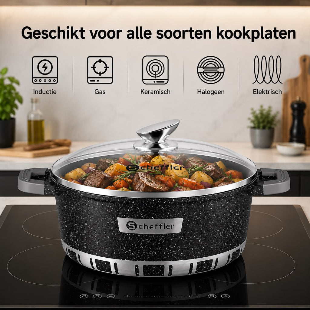 Scheffler 6 delig braadpannenset met glazen deksel  7 l , 11l ,15,5 l  + gratis messenset