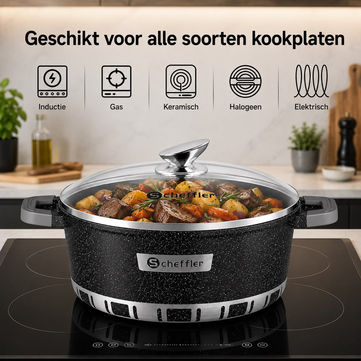 Scheffler 6 delig braadpannenset met glazen deksel  7 l , 11l ,15,5 l  + gratis messenset