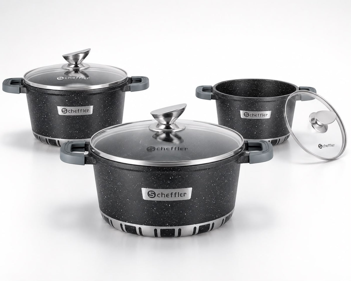 Scheffler 6 delig braadpannenset met glazen deksel  7 l , 11l ,15,5 l  + gratis messenset